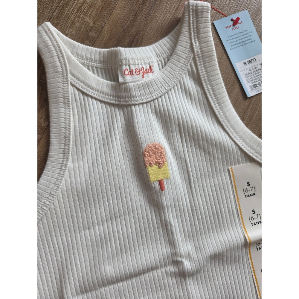 Cat & Jack Girls Tank Top Small 6-7 White New Ribbed Popsicle Lettuce Edge Hem - Picture 2 of 6